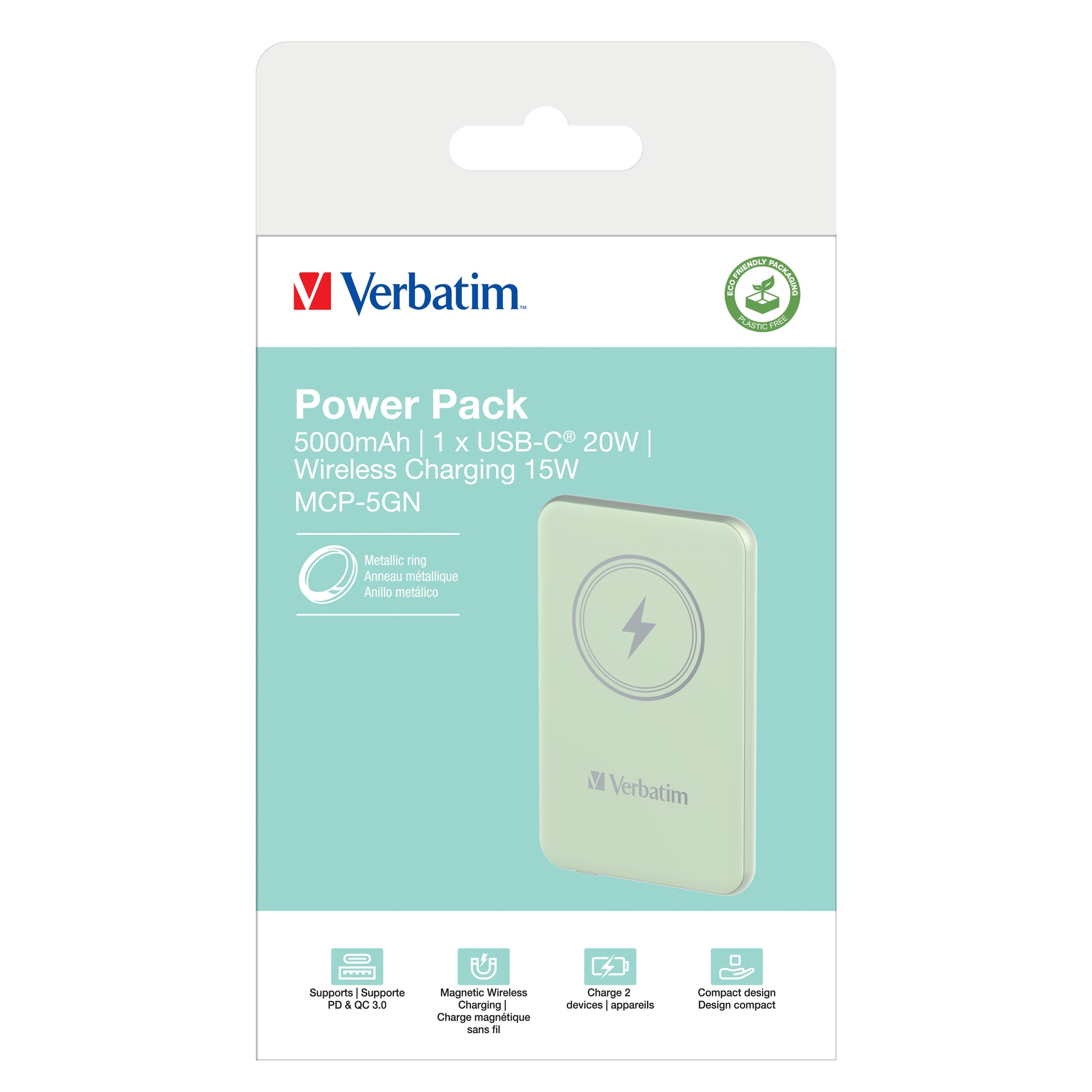 Verbatim Charge & Go MagSafe Powerbank 5'000 mAh – 20 W PD, MagSafe 15 W, 1× USB-C, grün