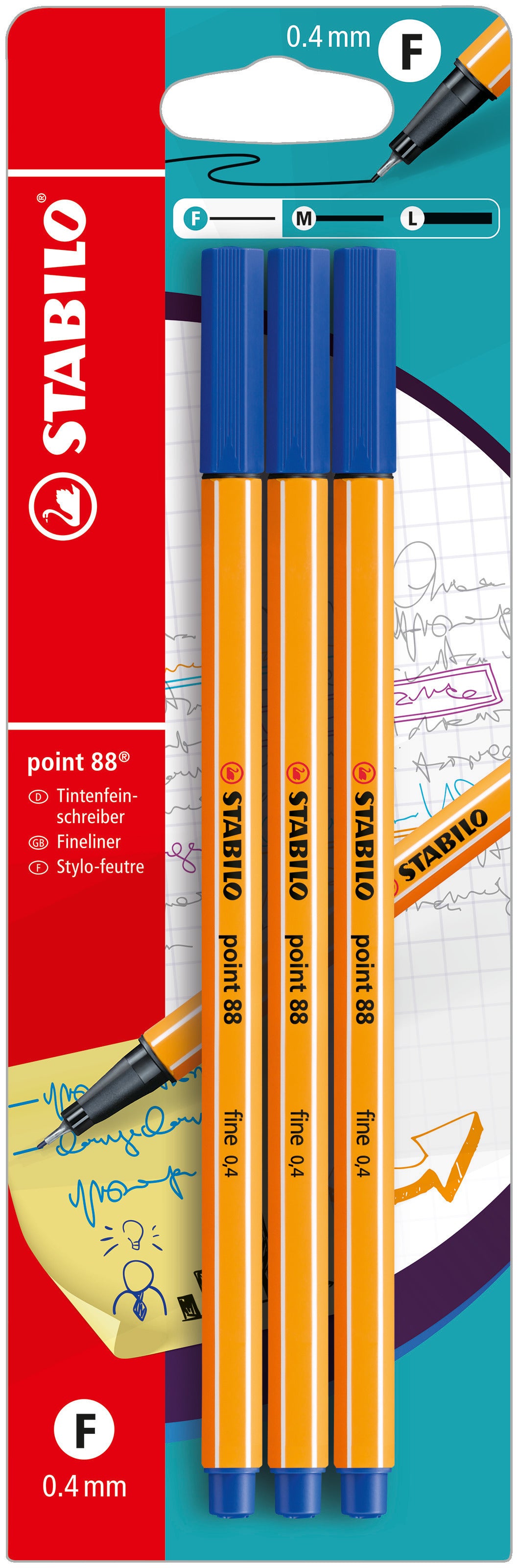 STABILO point 88 Fineliner – 3 Stk., 0,4 mm, blau, Cap-Off