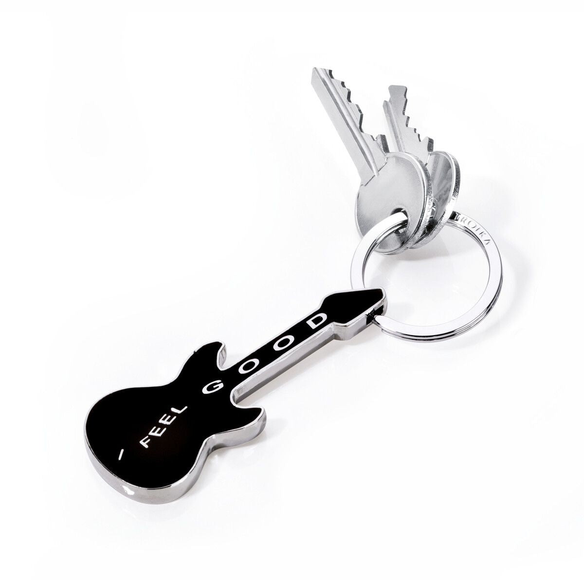 TROIKA Schlüsselanhänger Gitarre feel good – Metall, Schwarz/Silber, 6er-Pack