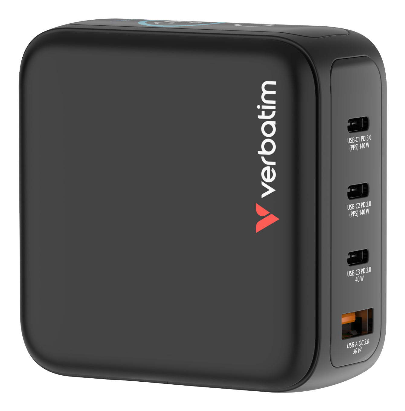Verbatim 30240 USB-Desktop-Ladegerät 140 W – USB-C×3, USB-A×1 – PD 3.0, PPS, QC 3.0, GaN – EU/UK/US