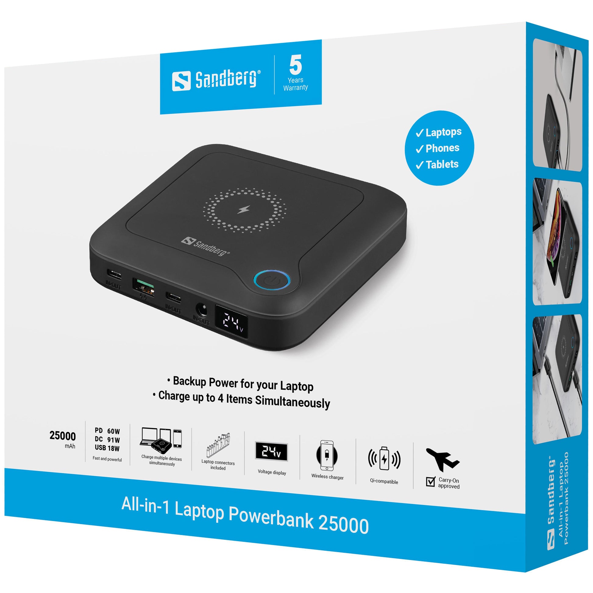 Sandberg Wireless Powerbank 25'000 mAh – 60 W PD, Wireless 15 W, 2× USB-C, 1× USB-A, schwarz