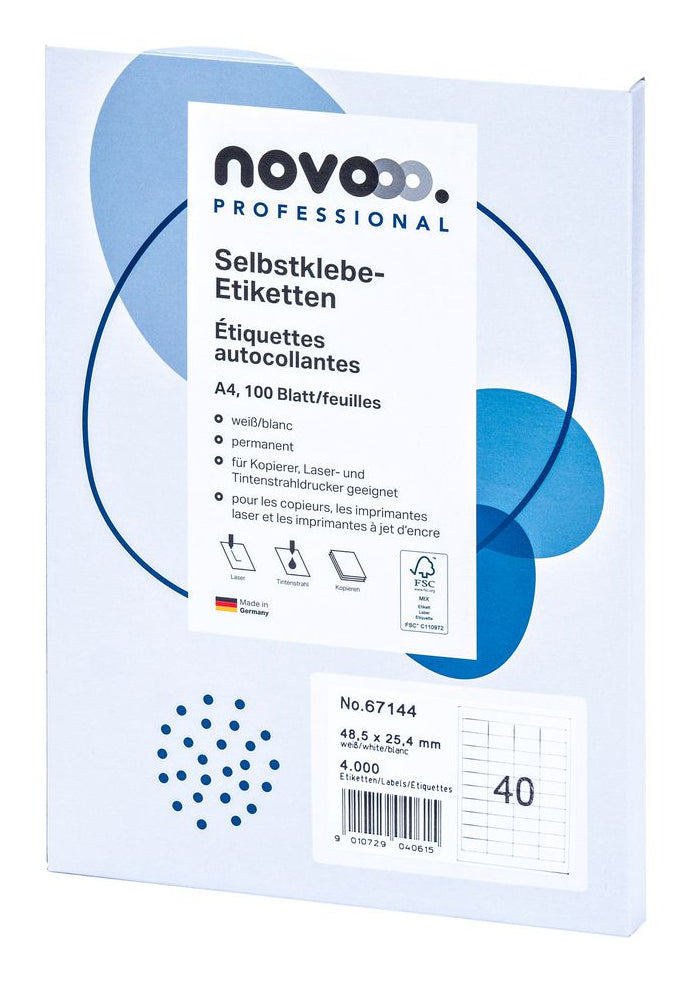 novooo. 67144 – Etiketten A4 49 × 25 mm – Papier, weiss – permanent haftend – Laser – 40/Stück, 100 Blätter
