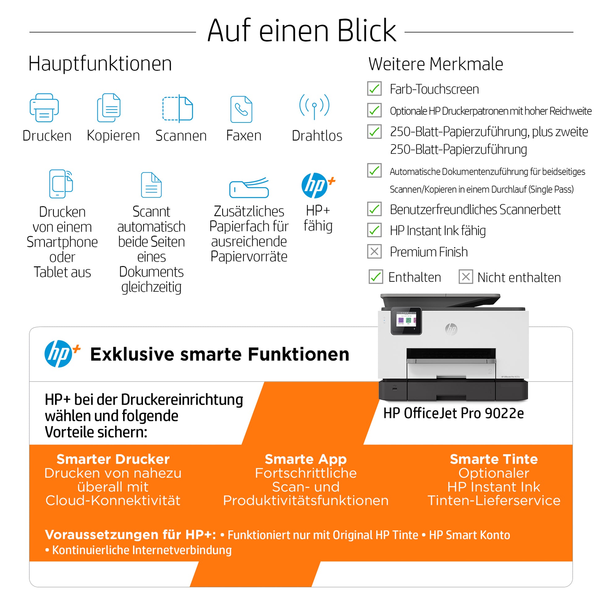 HP Officejet Pro 9022e – Farbiger Tintenstrahl-MFP A4, 4-in-1 – USB/WLAN – Duplex, ADF – 24 Seiten/Min. S/W