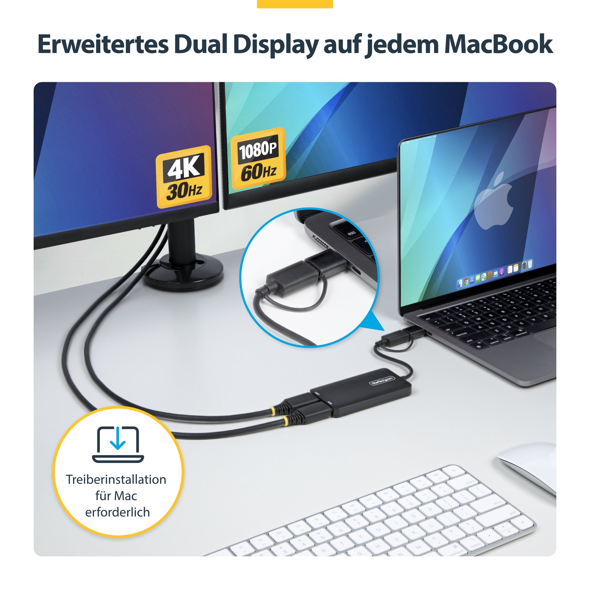 StarTech.com Dual-HDMI USB-A/USB-C Adapter – 4K (3840 × 2160) @ 30 Hz, 11 cm – für Windows, macOS, Chrome OS