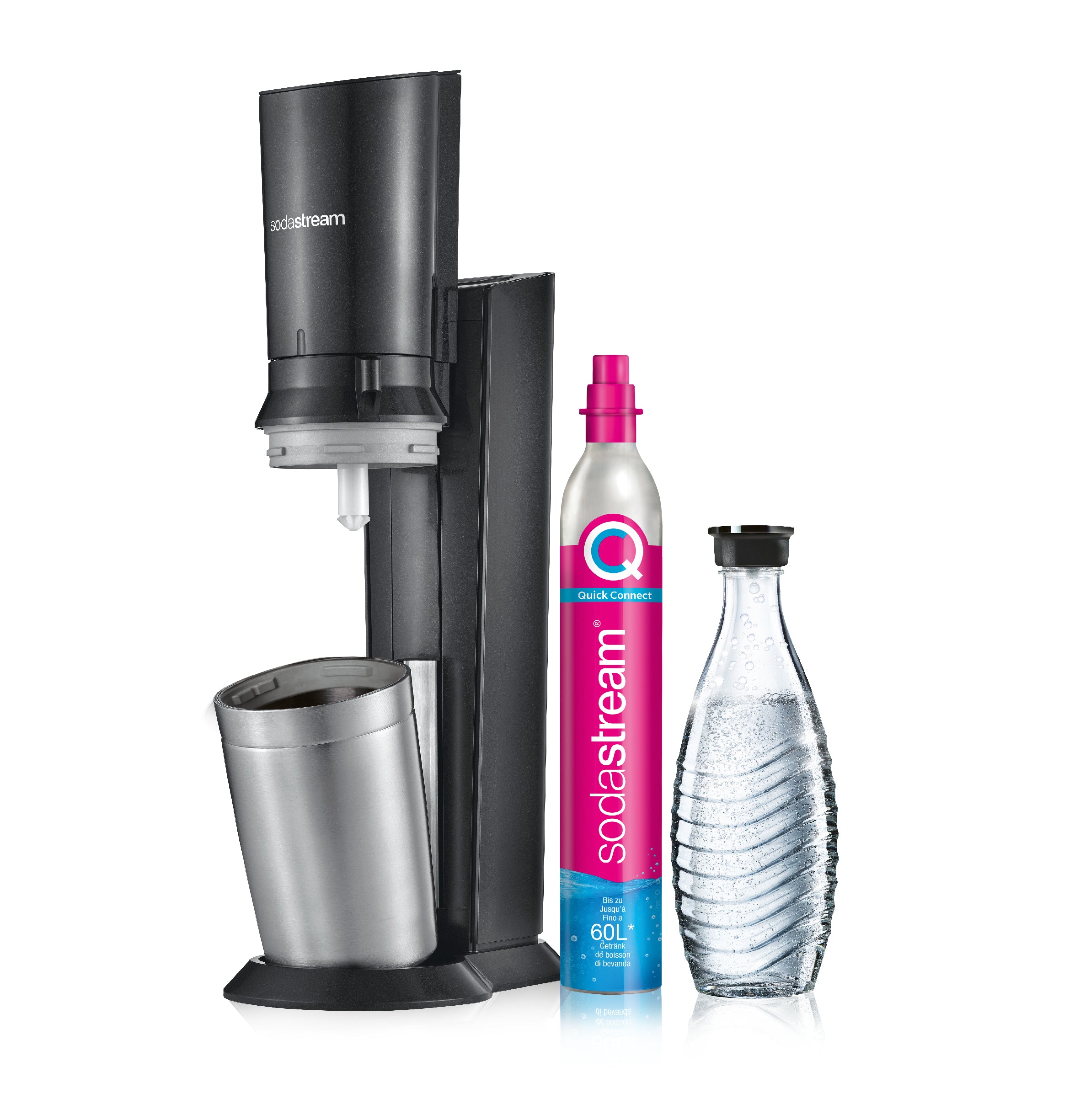 SodaStream Wassersprudler Crystal 3.0 – 0,615 l Glasflasche, 60 l Zylinder – schwarz/Edelstahl