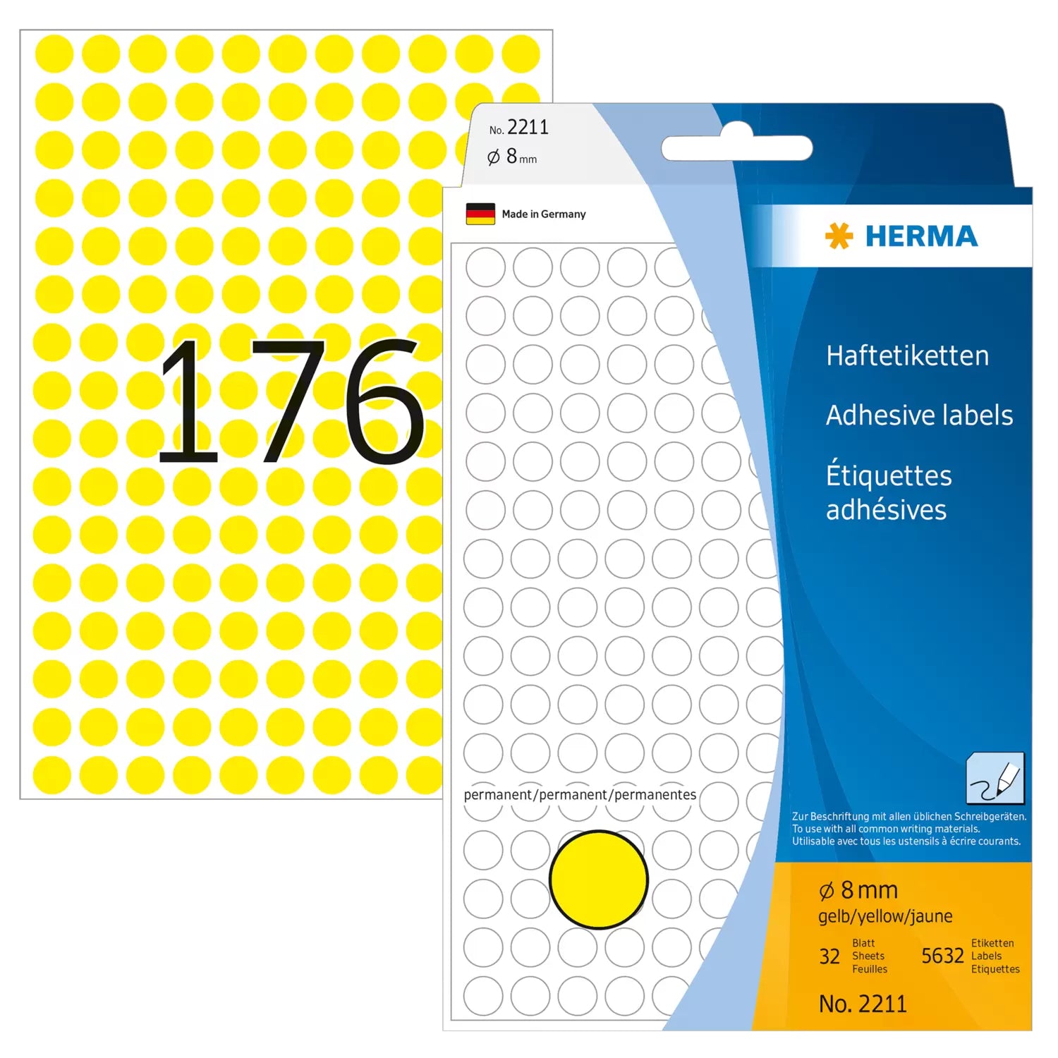 HERMA Haftetiketten – rund Ø 8 mm, permanent, gelb, Bogen 111 × 170 mm, 32 Blätter (5'632 Stk.)