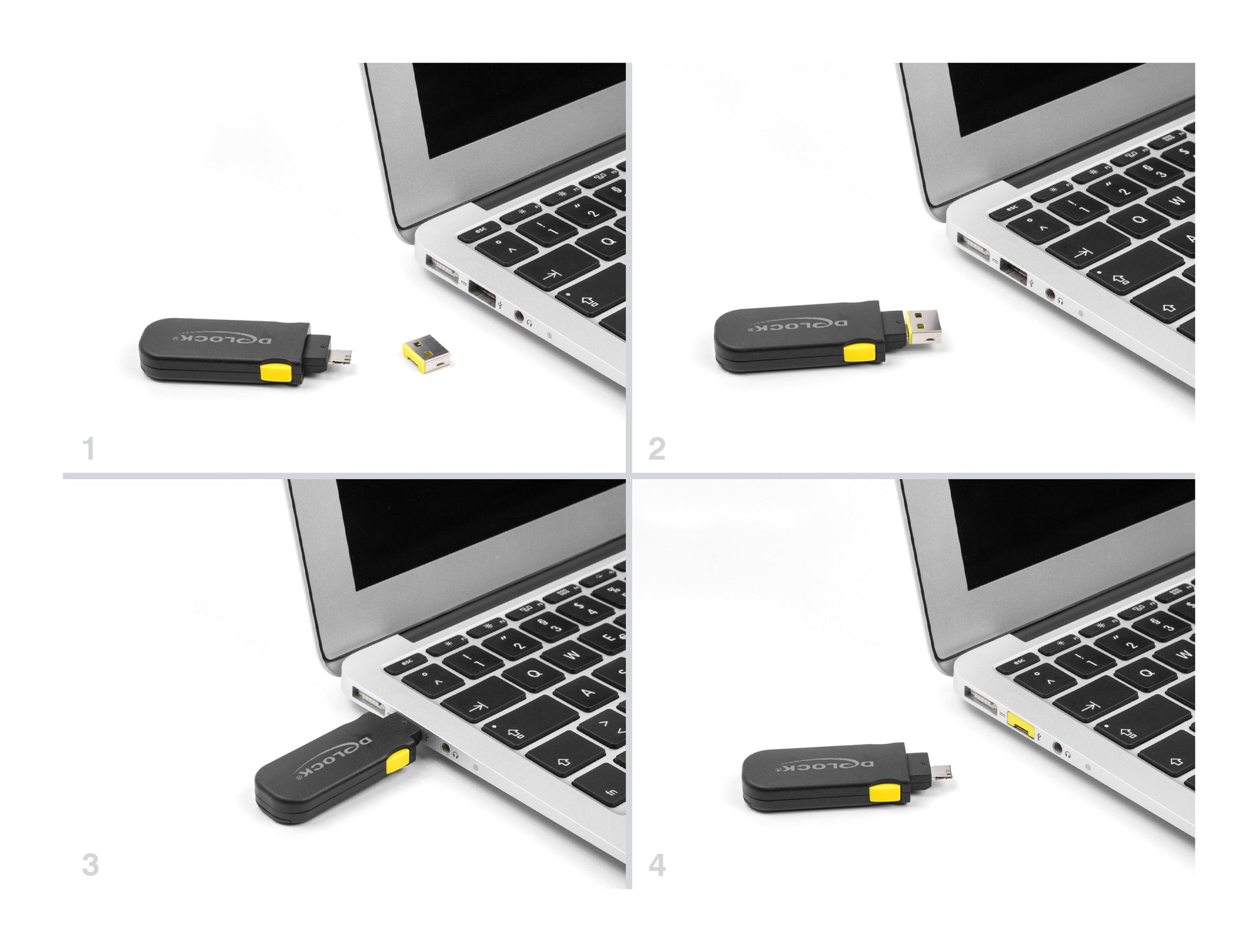 DeLOCK USB-Portblocker Set – mit Schlüssel – Schwarz/Gelb – für USB-A – 4 Stk