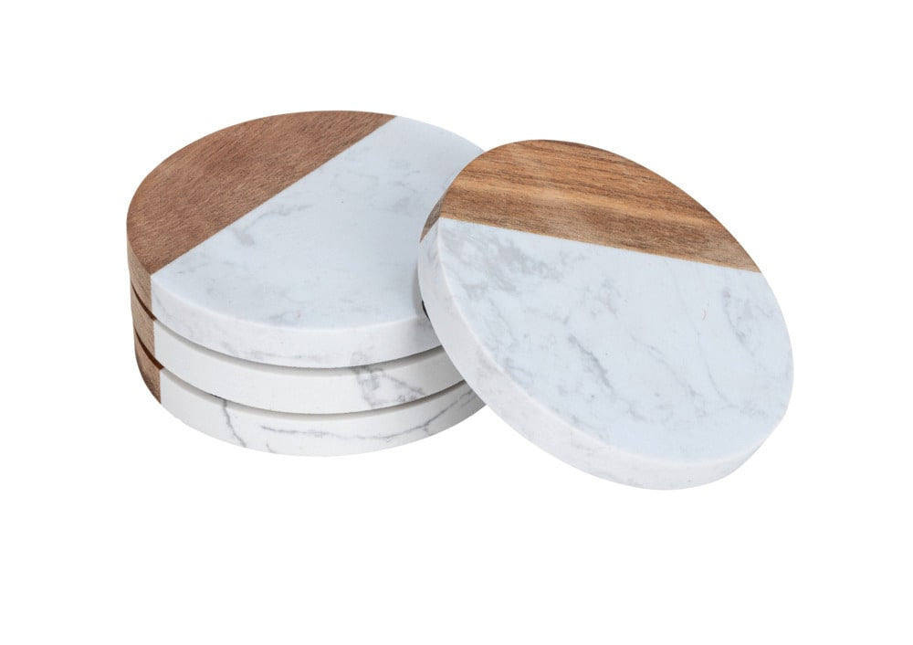 WENKO Untersetzer Marnie – Ø 10,0 cm, Marmor/Holz, Braun