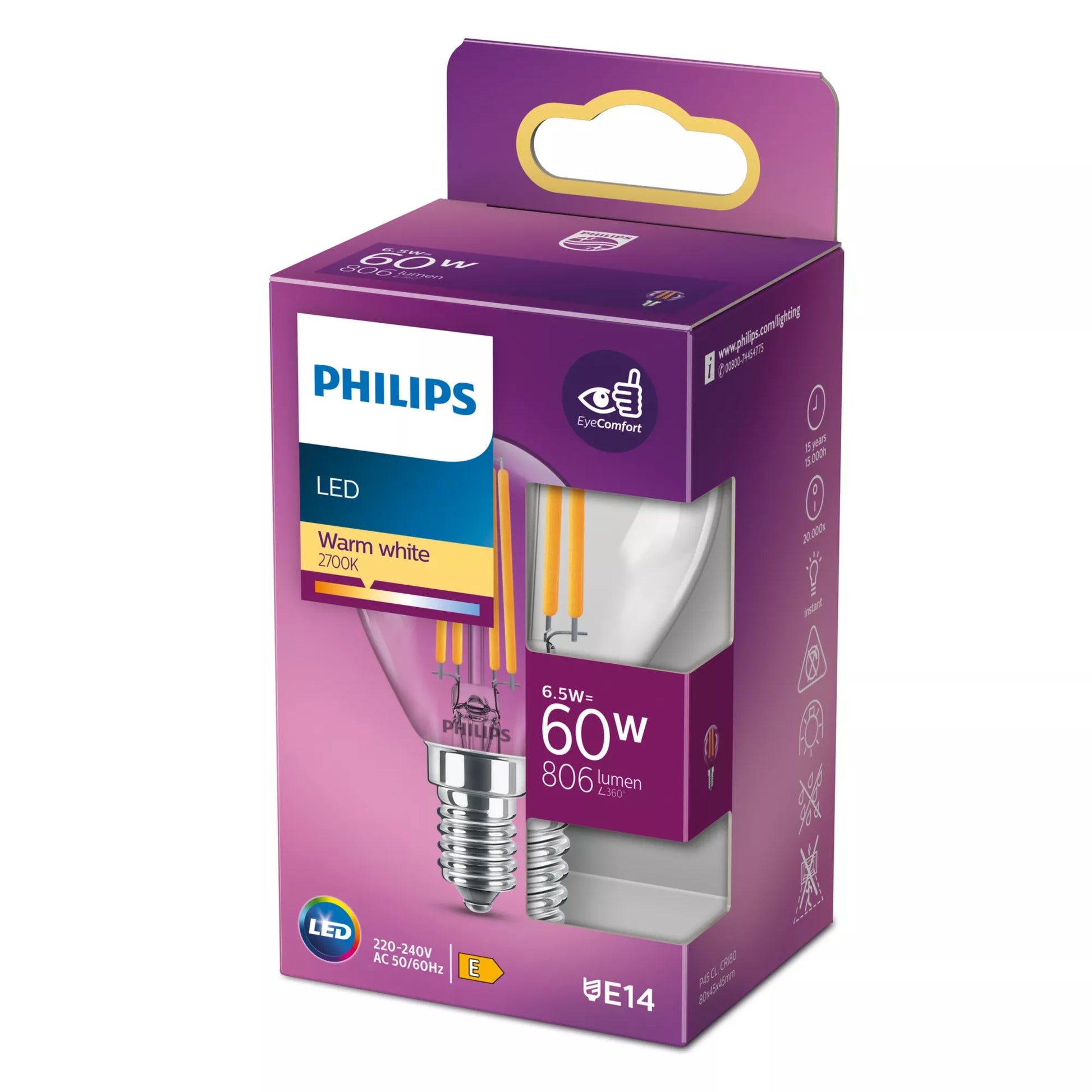 Philips by Signify Philips LED-Leuchtmittel E14 P45 – Warmweiss 2700 K, 806 lm, 6,5 W – IP20 – 1 Stk. – Transparent