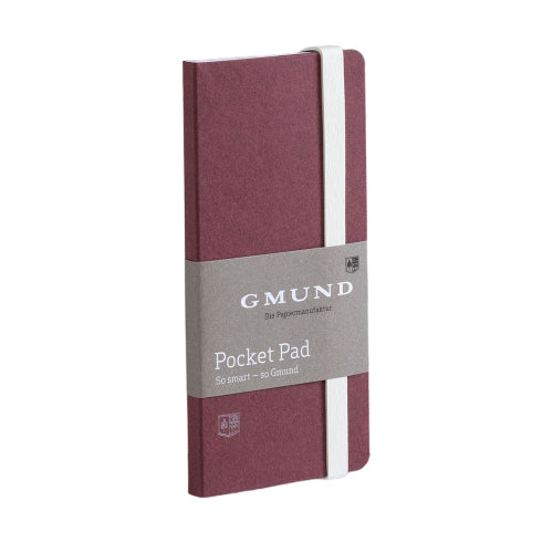 Gmund Notizblock – 67 × 138 mm – blanko – 100 Blatt – 120 g/m², Einsteckfach, Gummiband, rot