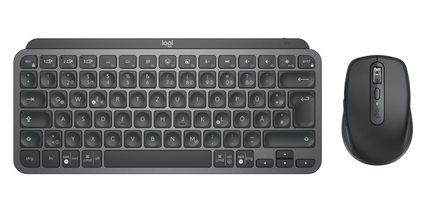 Logitech MX Keys Mini – Tastatur, kabellos (Bluetooth/2,4 GHz), DE-Layout (DE), Dunkelgrau