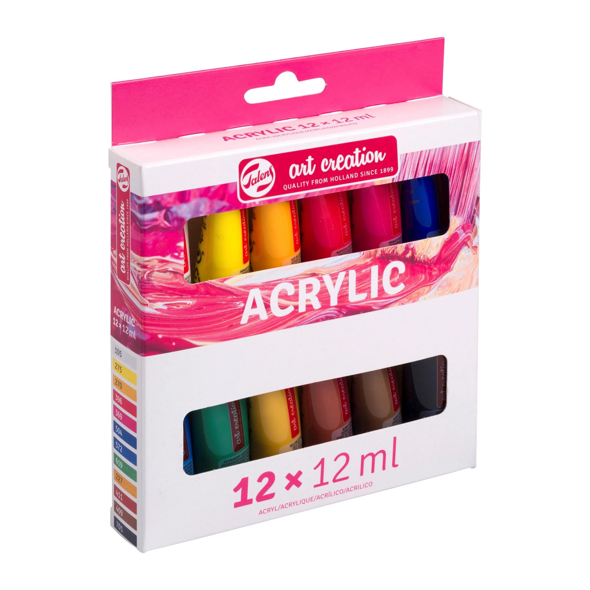 Talens Acrylfarbe – Mehrfarbig, Wasserfest – 12 Farben, 12×12 ml (144 ml) – für Papier, Stein, Holz