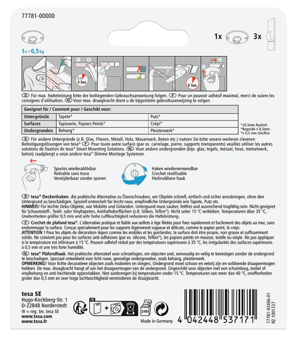 TESA Deckenhaken – Kunststoff, weiss, 12 × 14 × 2,9 cm – 1er-Pack