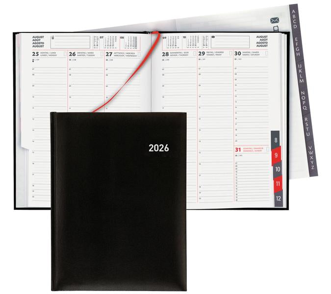 Biella Orario Agenda – 1 Woche/2 Seiten, gebunden, 17,5 × 23,5 cm, Jan–Dez, 2026, mehrsprachig, schwarz, FSC