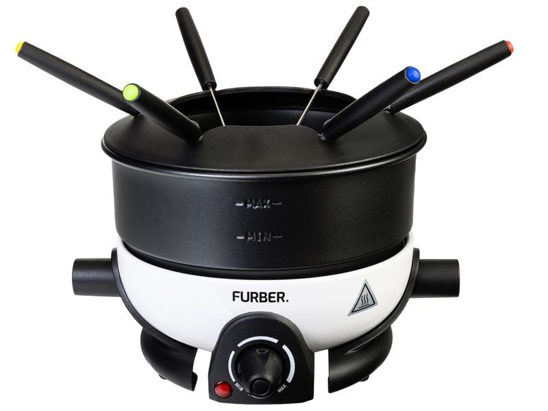 Furber. Furber Fondue-Set Alpy – Edelstahl, 1,3 l, 6 Gabeln, elektrisch – schwarz/weiss