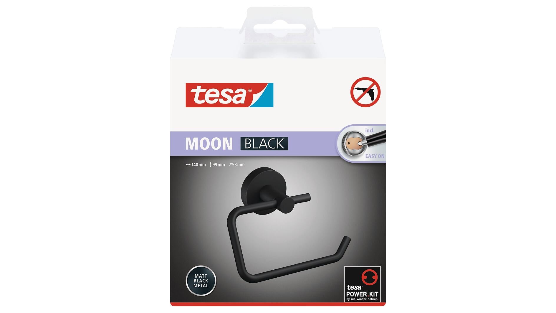 TESA MOON BLACK – Toilettenpapierhalter – Stahl matt, schwarz, wandmontiert, klebend, 14 × 5,3 × 9,9 cm