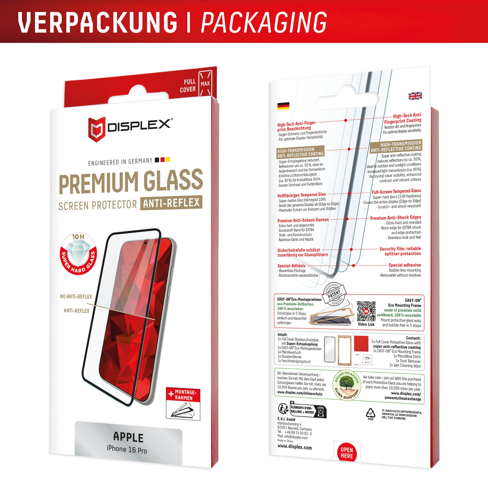 Displex Displayschutz (Panzerglas), Full Cover – für iPhone 16 Pro – mit Applikator