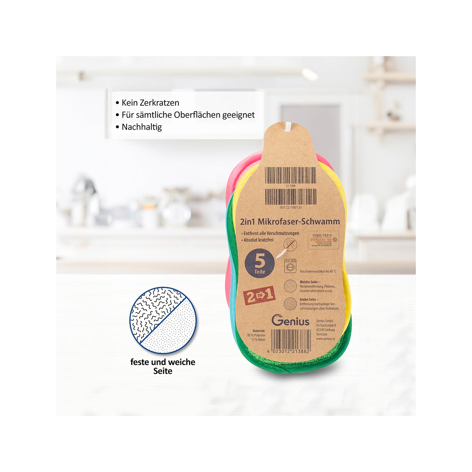 Genius Mikrofaser-Schwamm 2-in-1 – Oval, für Küche, mehrfarbig, 5 Stk.