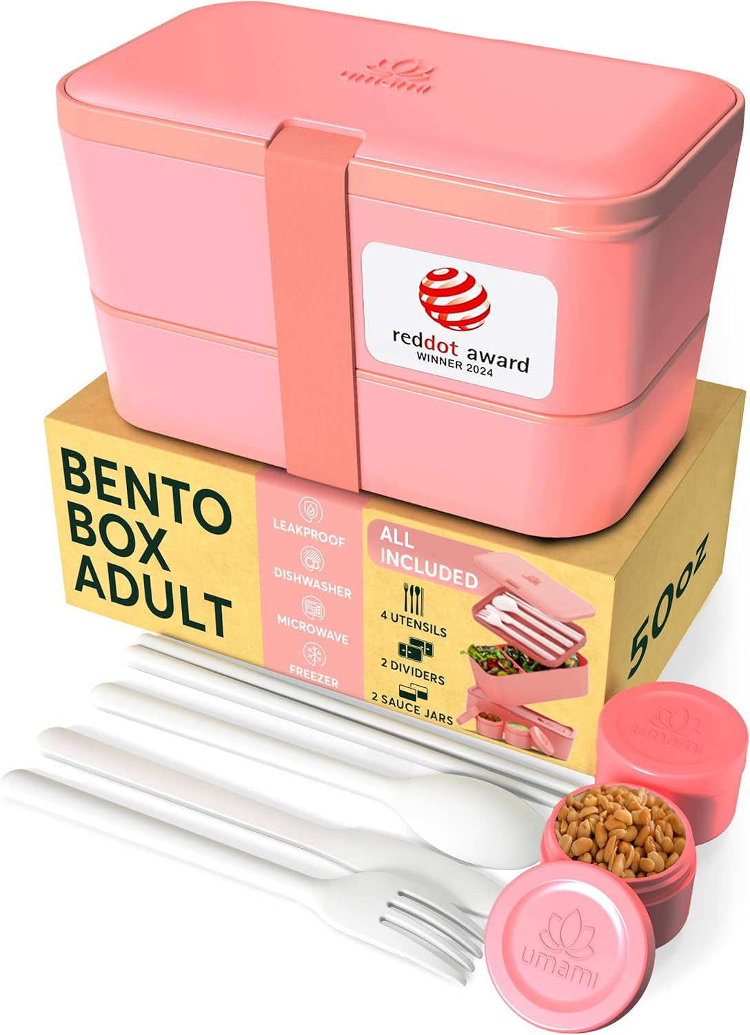 Umami Nestbare Bento Box – Lunchbox 1,5 l, 11 × 18,2 × 7 cm, Polypropylen (PP), Koralle, Leckdicht