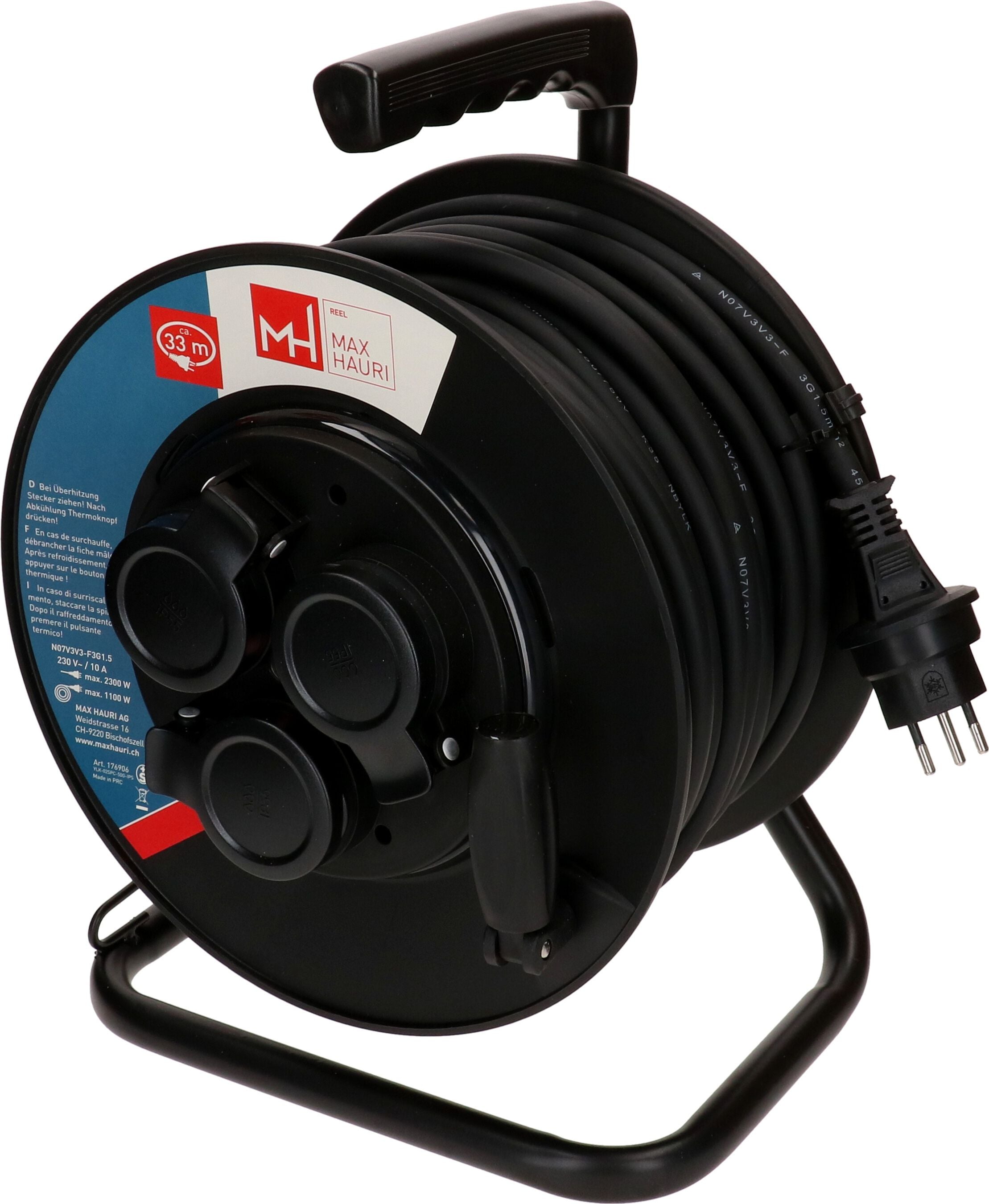 Max Hauri AG Max Hauri Kabelrolle – 3× T13, 33 m, IP55, schwarz