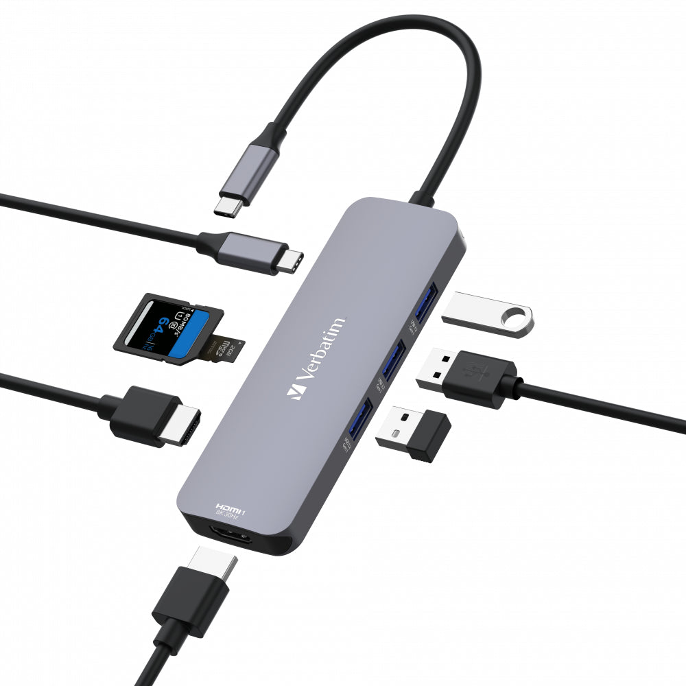 Verbatim CMH-08 Multiport-Adapter – USB-C, 2× HDMI, 3× USB-A, 100 W PD, SD/microSD, für Windows/Mac/ChromeOS