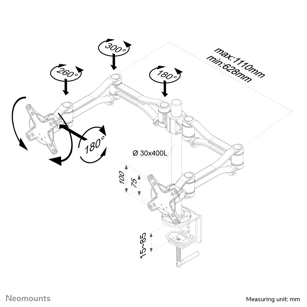 Neomounts Monitorarm, Dual, Tischklemme, bis 30", höhenverstellbar, neigbar, schwenkbar, silber