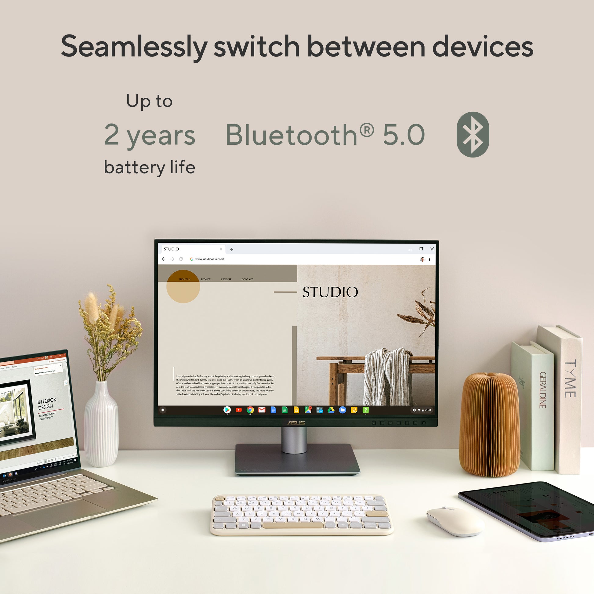 ASUS KW100 – Tastatur 75% – Bluetooth 5.0 – Ohne Ziffernblock – Beige