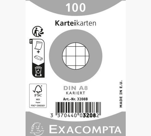 Exacompta Karteikarte A8 quer, kariert, weiss, 205 g/m², Karteikarton – 100 Stück
