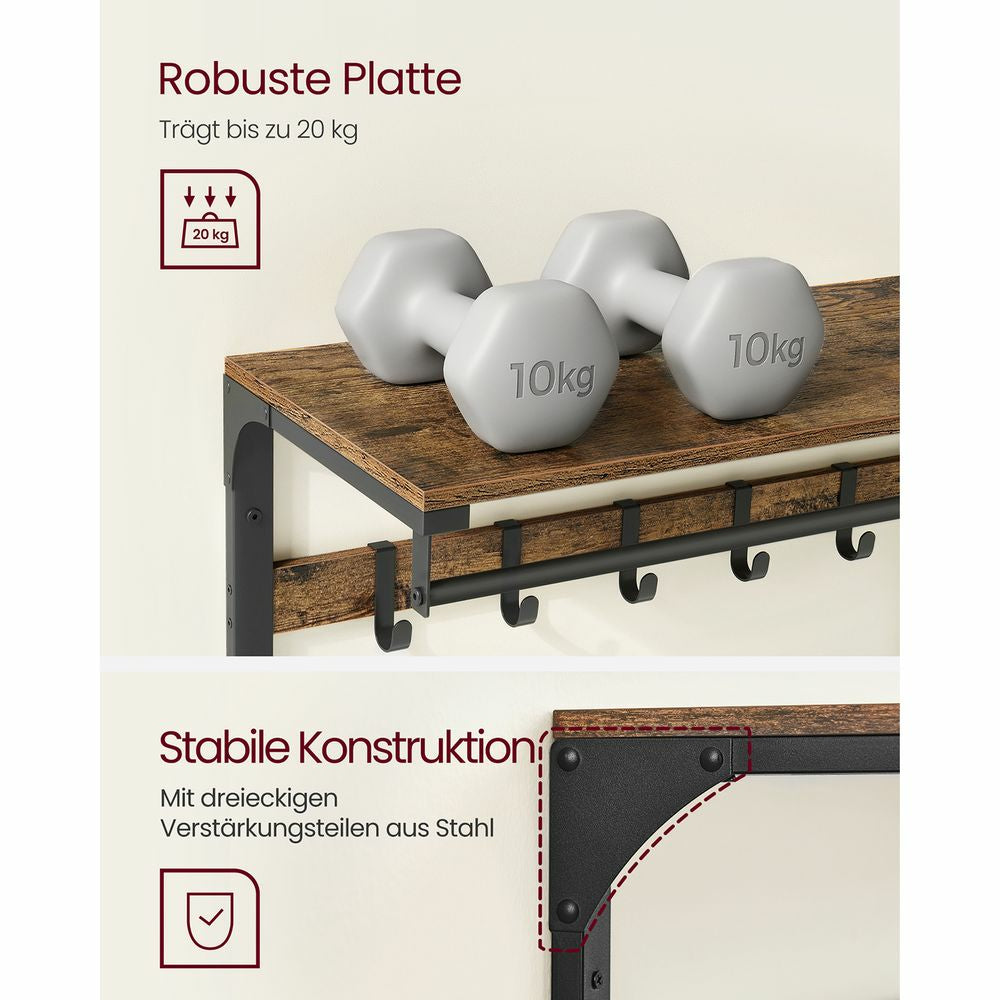 Vasagle Wandgarderobe – 10 Haken, mit Ablage, Stahl/Spanplatte, Schwarz/Braun, 80 × 30 × 42 cm