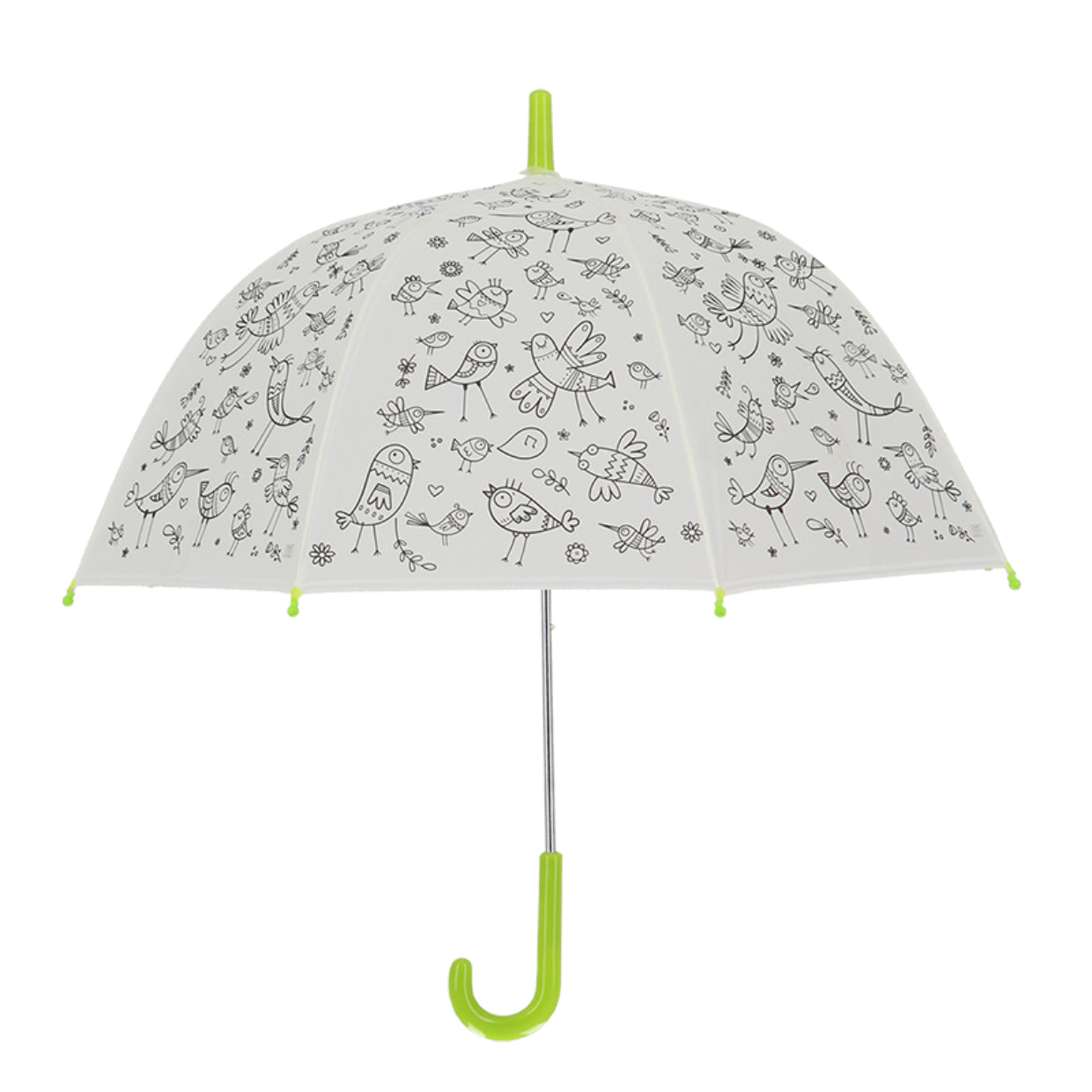 Esschert Design Kinderregenschirm – Ø 70,5 cm – Weiss Vögel – zum Ausmalen, mit Markern