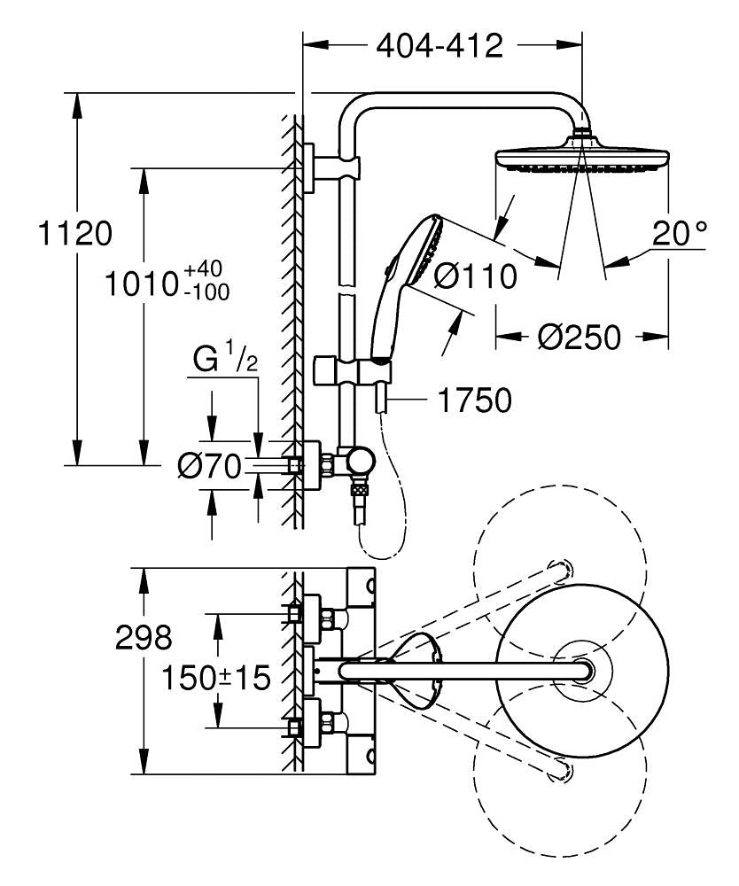GROHE Duschsystem Vitalio Start 250 – 112 cm, Metall, Aufputz-Thermostat, Schwarz matt