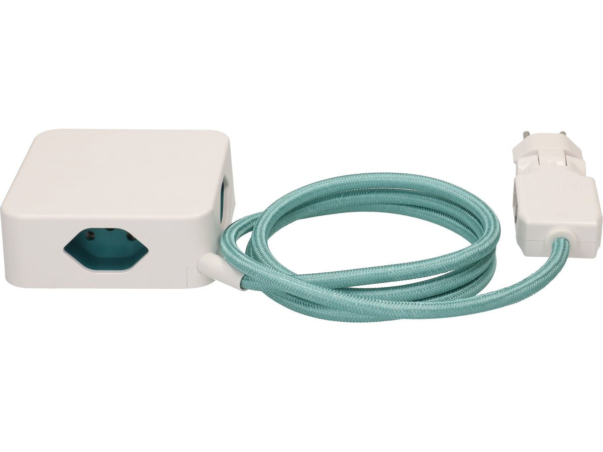 maxTEX Cube Steckdosenleiste – 3× T13, USB‑A/C, 2 m, ohne Schalter, weiss/türkis