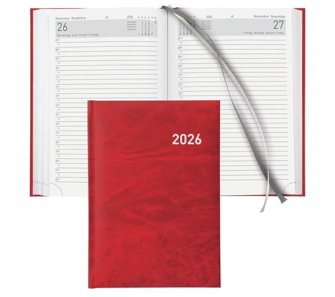 Biella Executive Agenda – 1 Tag pro Seite, gebunden, 14,5 × 20,5 cm, 2026, 1/2-Stunden-Takt, Rot, FSC