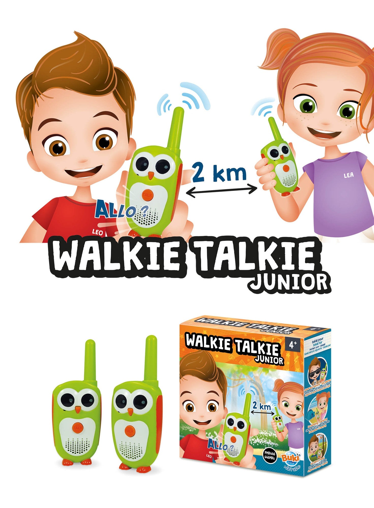 Buki Walkie-Talkie Junior – 2 km Reichweite – 2 Stück – ab 4 Jahren – Grün/Orange