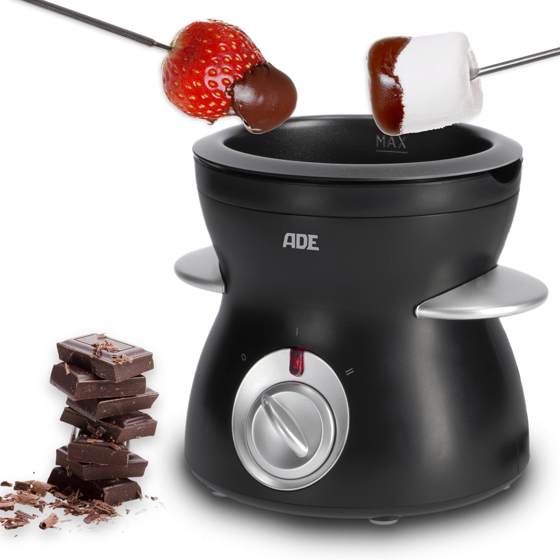 ADE Fondue-Set KG2352 – Kunststoff, 0,5 l, 6 Gabeln, netzbetrieben – schwarz/silber
