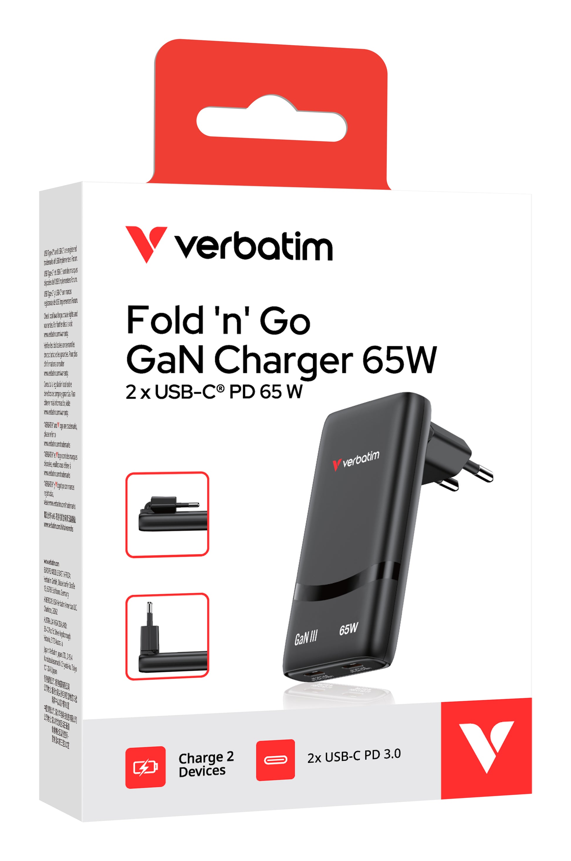 Verbatim 32354 USB-Ladegerät 65 W – USB-C×2 – PD 3.0, GaN, EU-Stecker (Typ C) – für Laptop und andere
