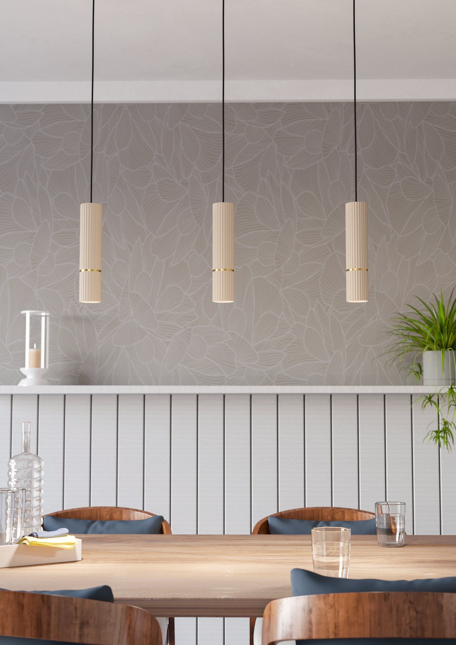 EGLO Pendelleuchte CAMINIA – 77 × 9 × 110 cm, 1035 lm, 14,1 W, 3000 K, beige/ messing, höhenverstellbar