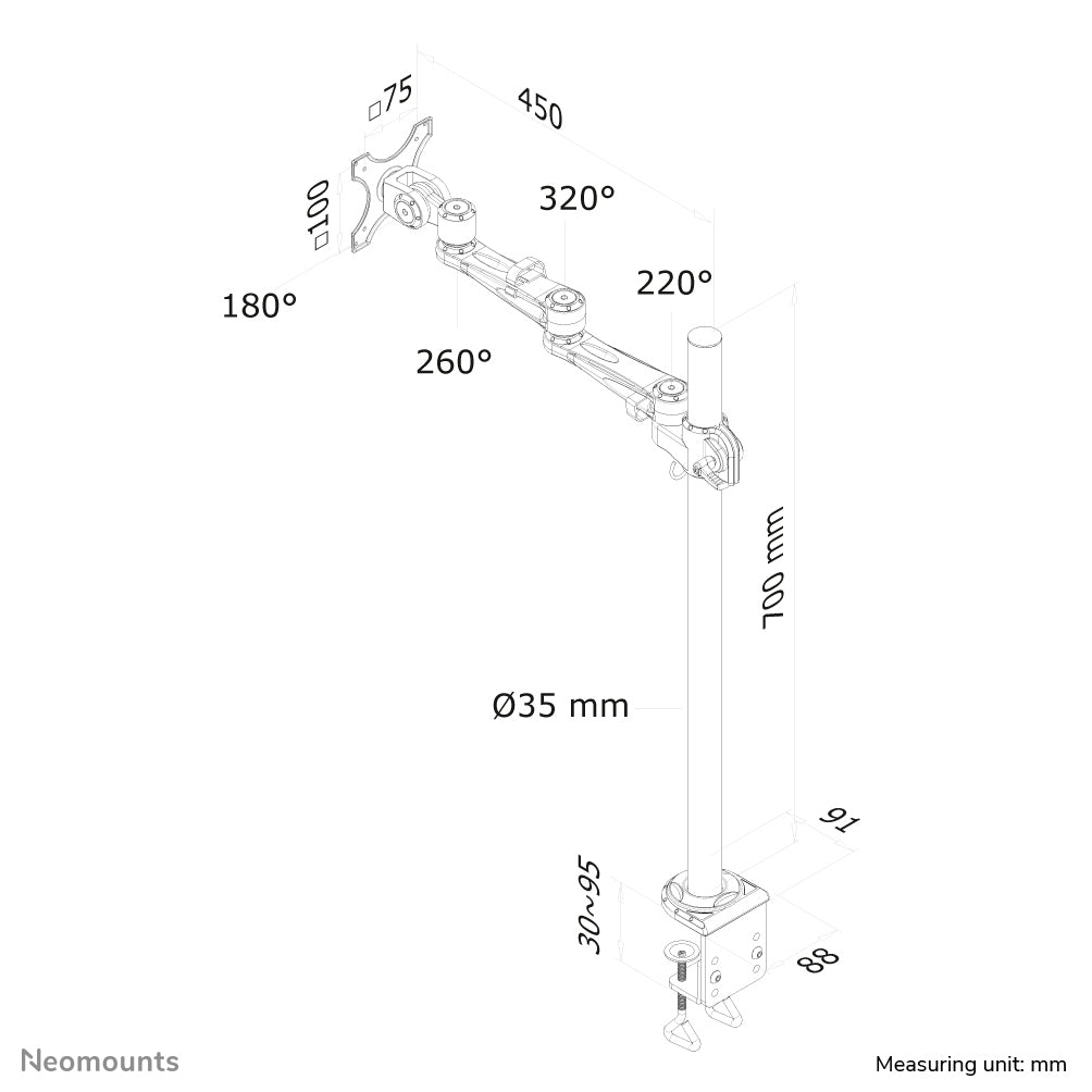 Neomounts FPMA D935POLE70 – Tischhalterung, 1 Monitor, Tischklemme, bis 30", 12 kg, neigbar, silber