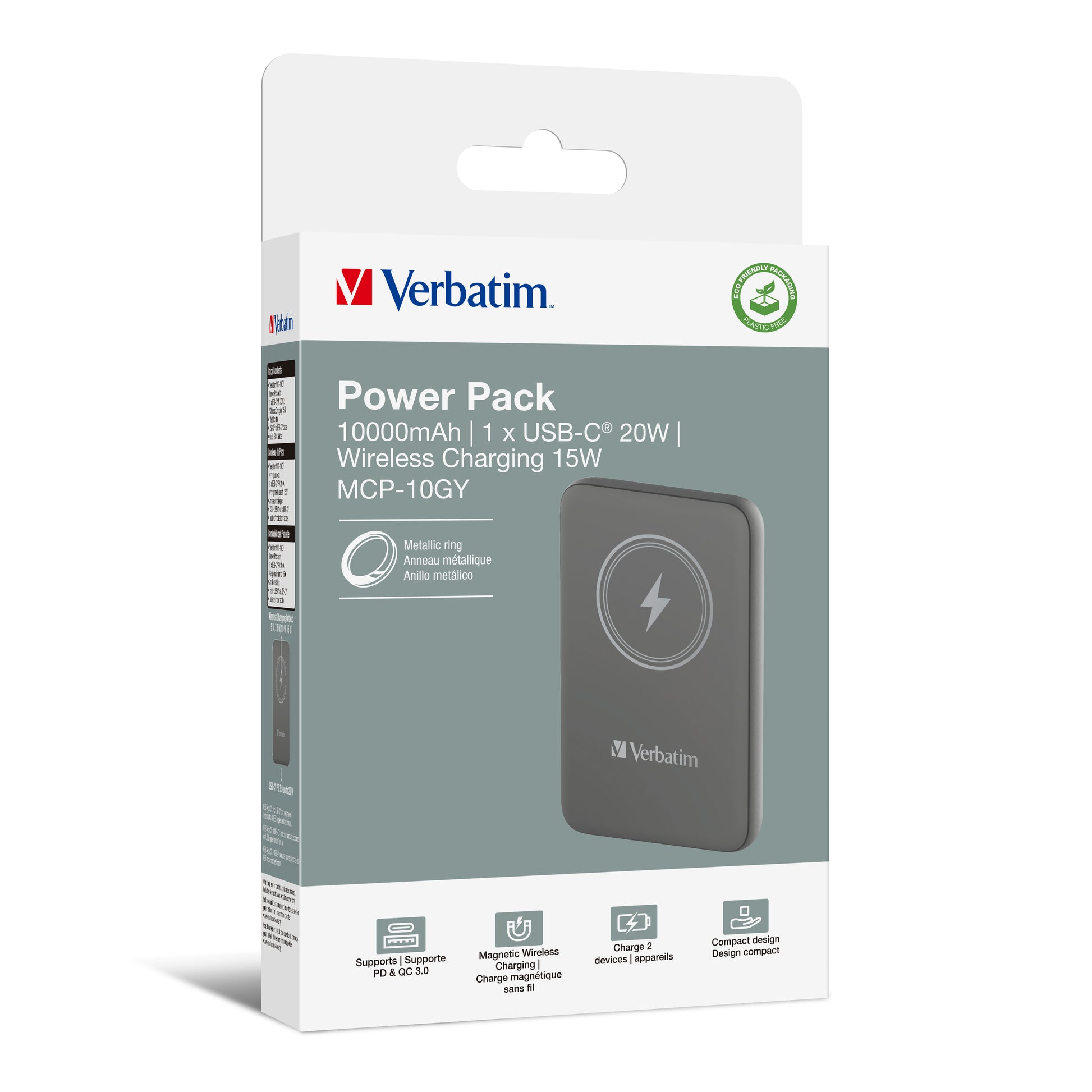 Verbatim MagSafe Powerbank 10'000 mAh – 20 W PD, Wireless 15 W, 1× USB-C, Grau
