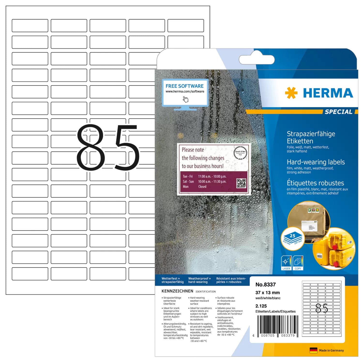 HERMA Etiketten A4 37 × 13 mm – Folie, matt, weiss – extra stark – Laser – 85/Blatt, 25 Blätter (2'125 Stk.)