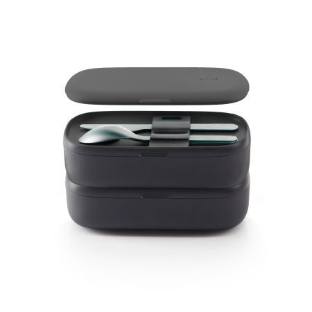 Lékué Lunchbox – 1 l, 10,0 × 19,2 × 11,0 cm, Kunststoff (PP), Schwarz, mikrowellengeeignet, mit Besteck