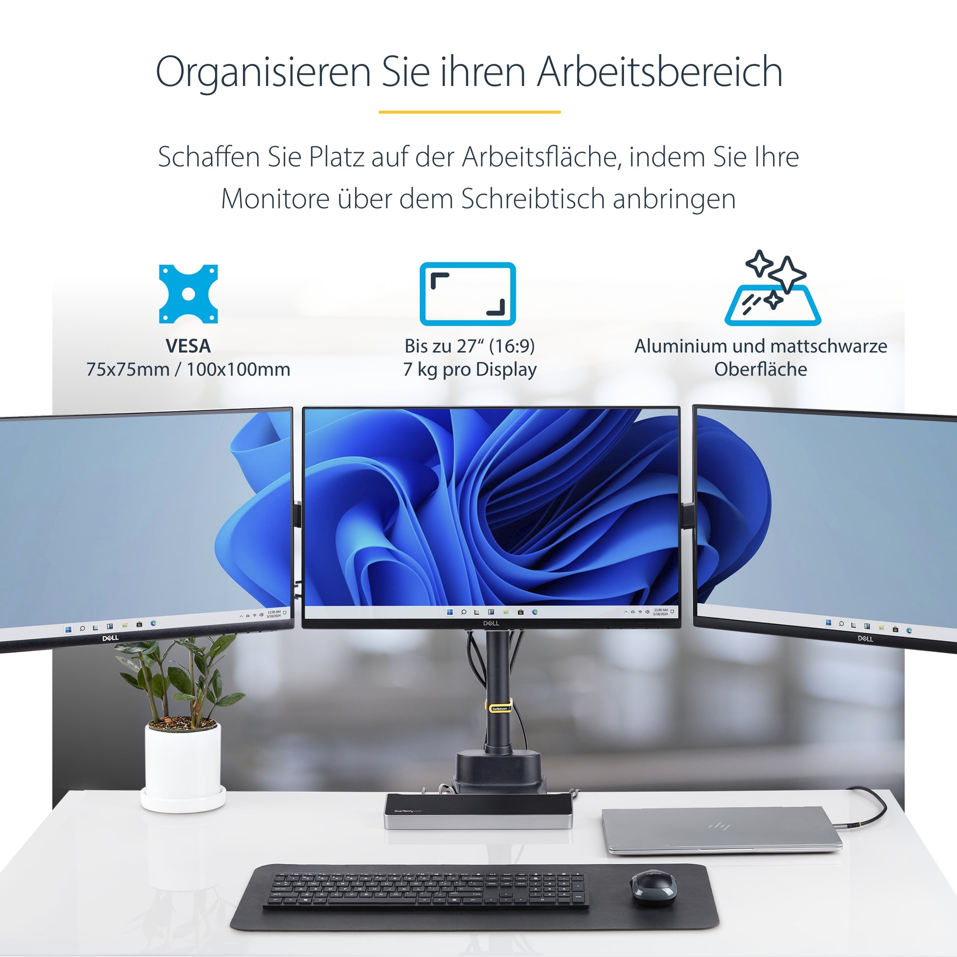 StarTech.com Monitorarm Tischhalterung – 3 Monitore – bis 27" – VESA 75×75/100×100 mm