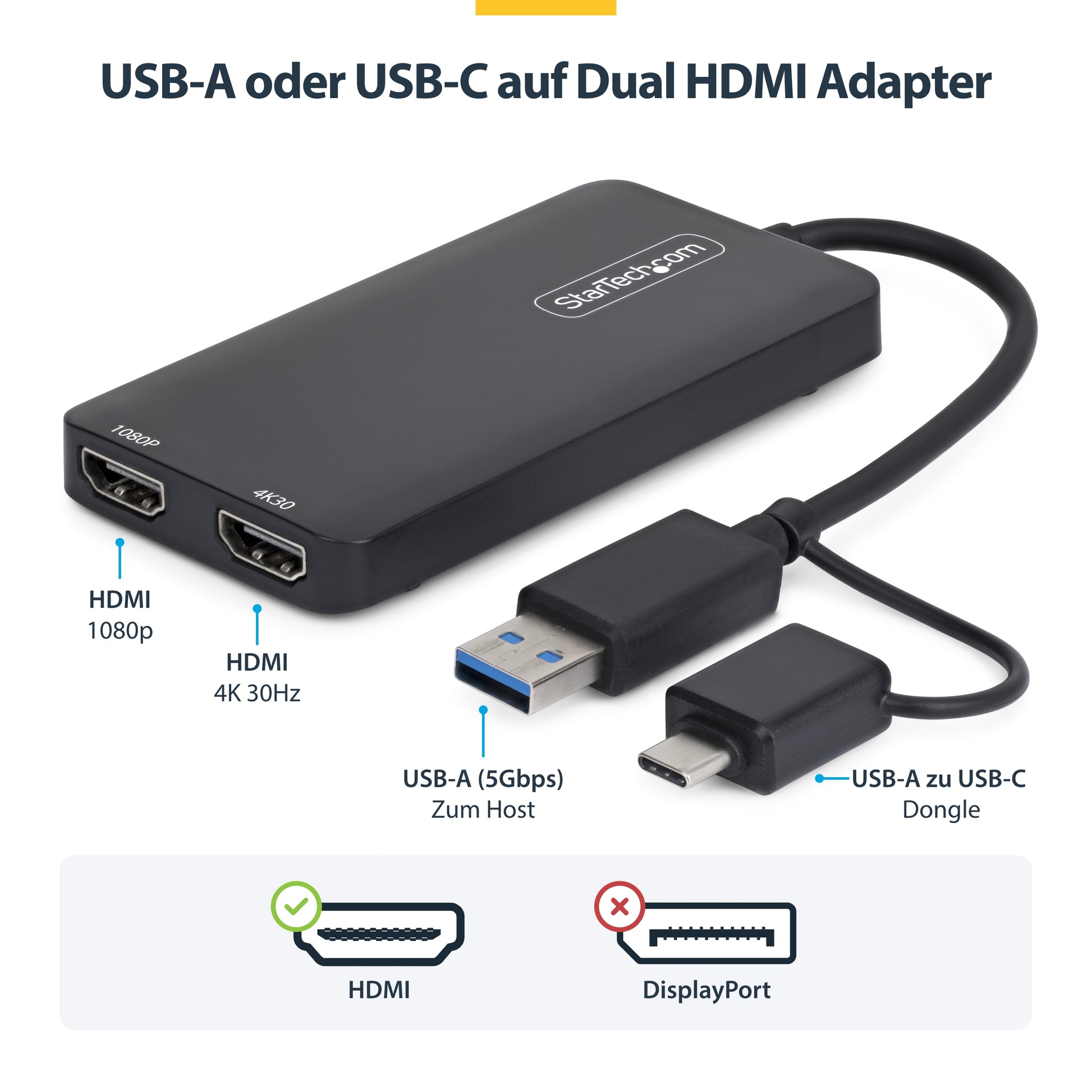 StarTech.com Dual-HDMI USB-A/USB-C Adapter – 4K (3840 × 2160) @ 30 Hz, 11 cm – für Windows, macOS, Chrome OS