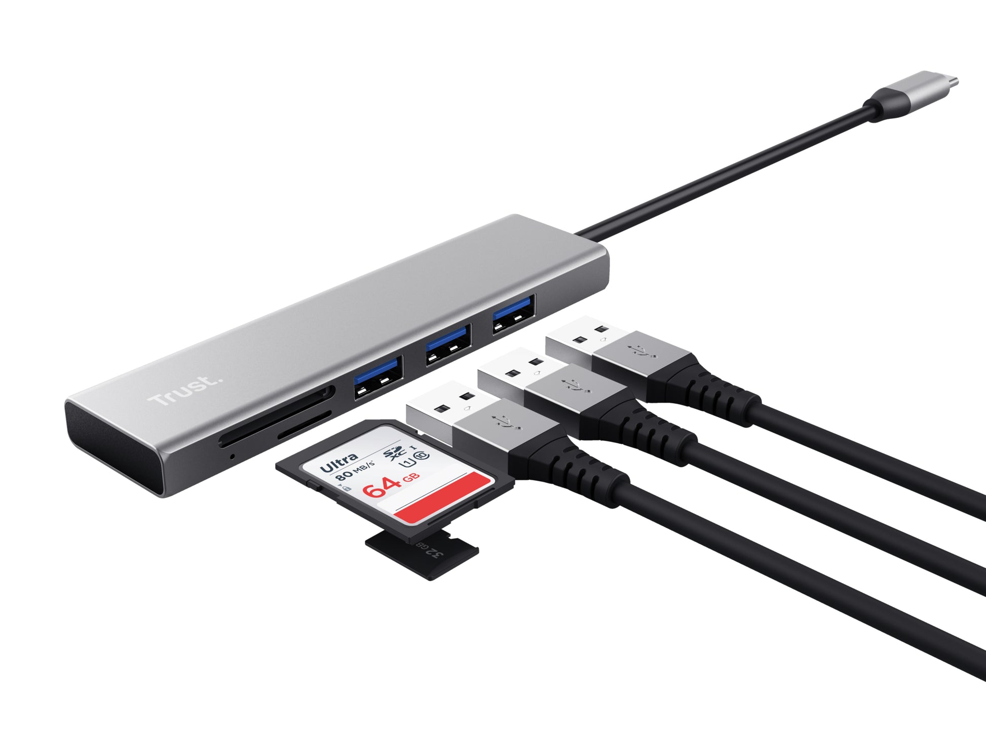 Trust Halyx Fast USB-Hub – USB-C, 3× USB-A, SD/microSD, für Windows/Mac/ChromeOS