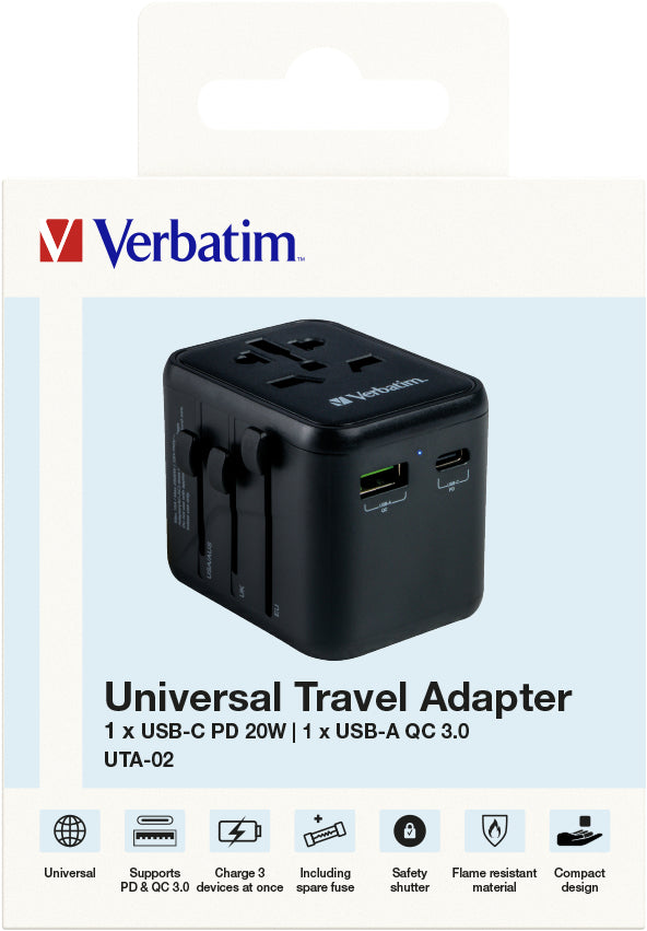 Verbatim Reiseadapter – 100–250 V, 2'500 W, 2x USB (PD20W) – von Typ A/B/C zu Typ E/F/G usw. – schwarz