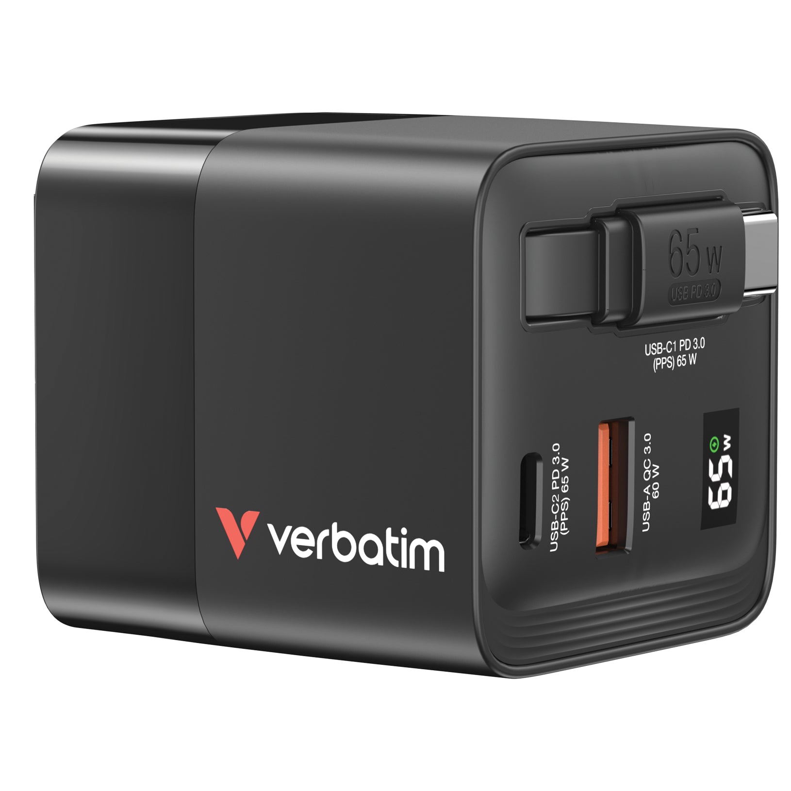 Verbatim GaN Ladegerät USB-Ladegerät 65 W – USB-C×1, USB-A×1 – PD, PPS, QC 3.0, GaN – EU/UK/US Adapter – Schwarz