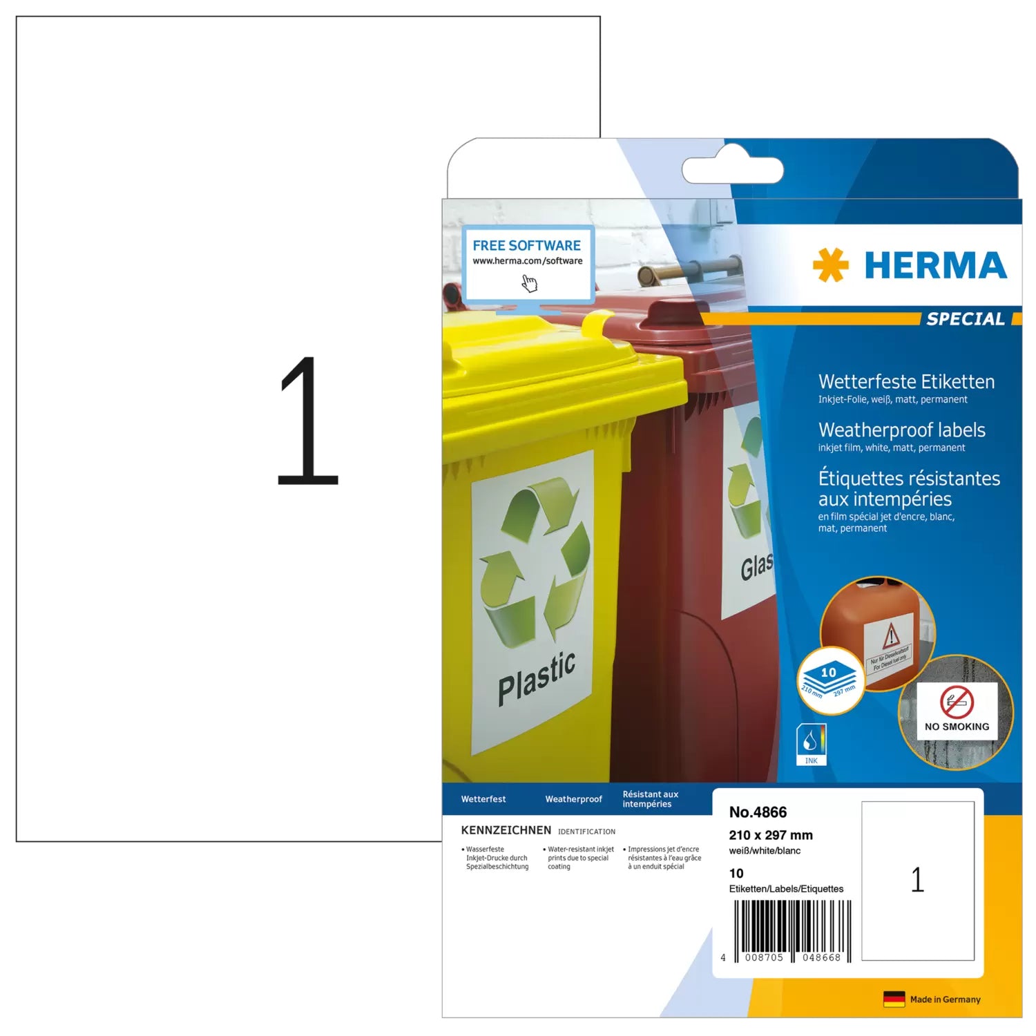 HERMA Folienetiketten, 210 mm × 297 mm, weiss, Folie, extra stark, 10 Blatt