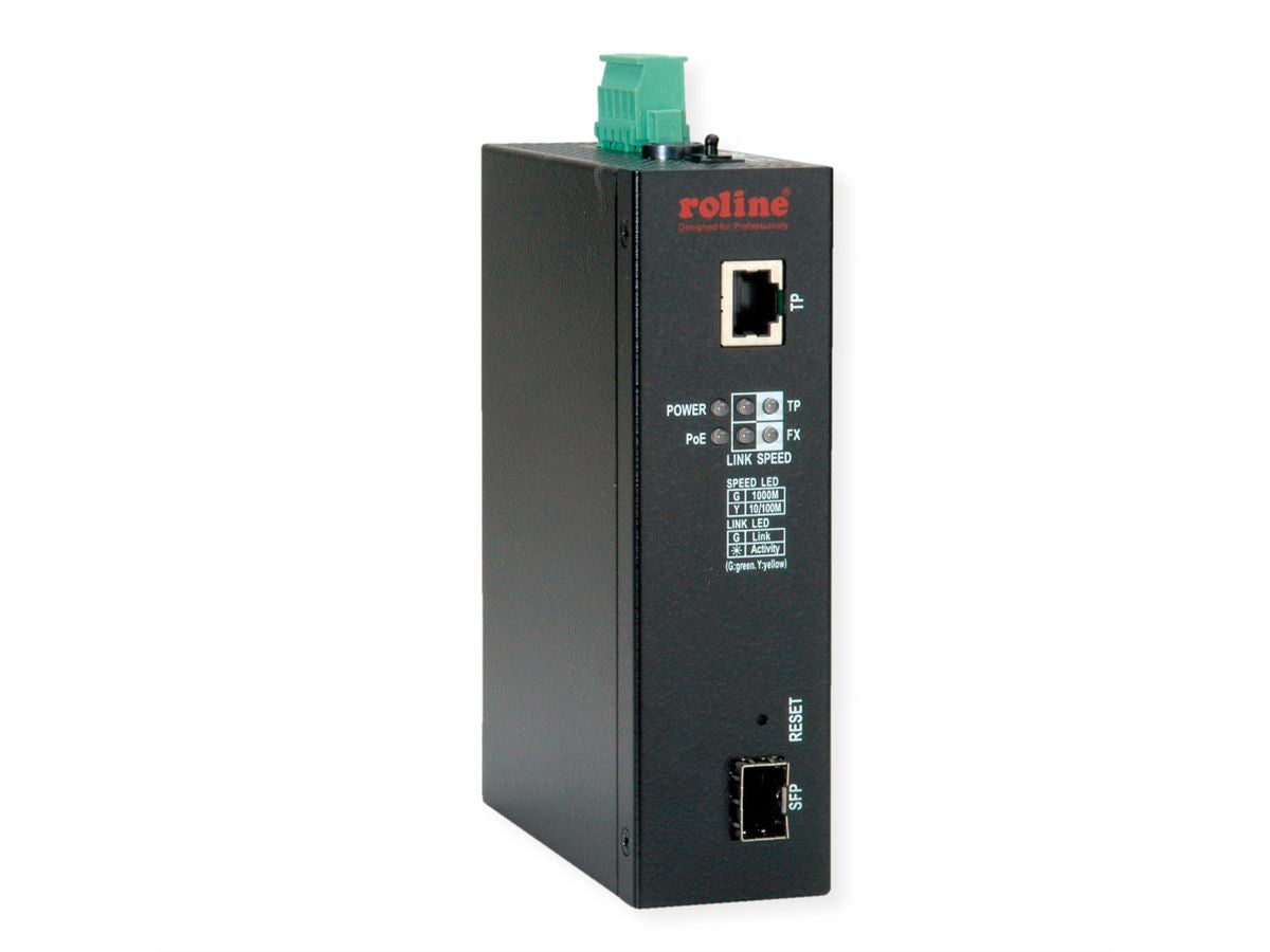 ROLINE Medienkonverter – Gigabit, 1× RJ‑45, 1× SFP (1000Base‑SX, Multi‑Mode, 500 m), PoE (802.3af/at/bt)