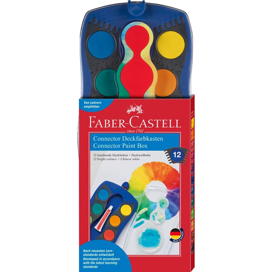 Faber-Castell Deckfarbkasten – Mehrfarbig – 12 Farben, inklusive Deckweisstube, Pinselfach