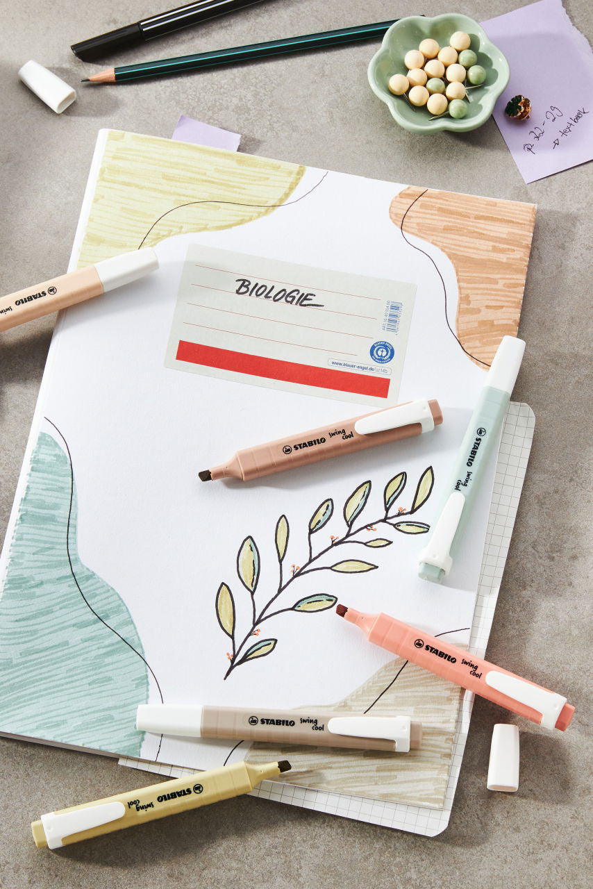 STABILO swing cool NatureCOLORS Textmarker – 4er Set, Farben: Beige/Grün/Rosa, Keilspitze 1–4 mm